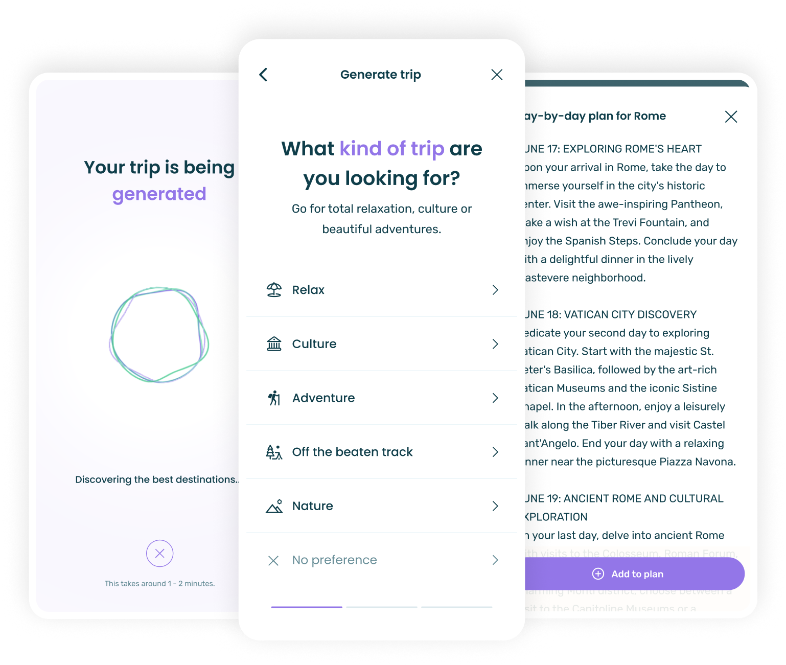 AI travel planner generating a day-by-day trip itinerary