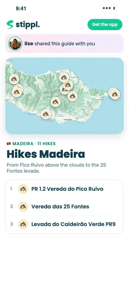 Hikes Madeira on stippl.io with a map, 11 places and a Save this guide button
